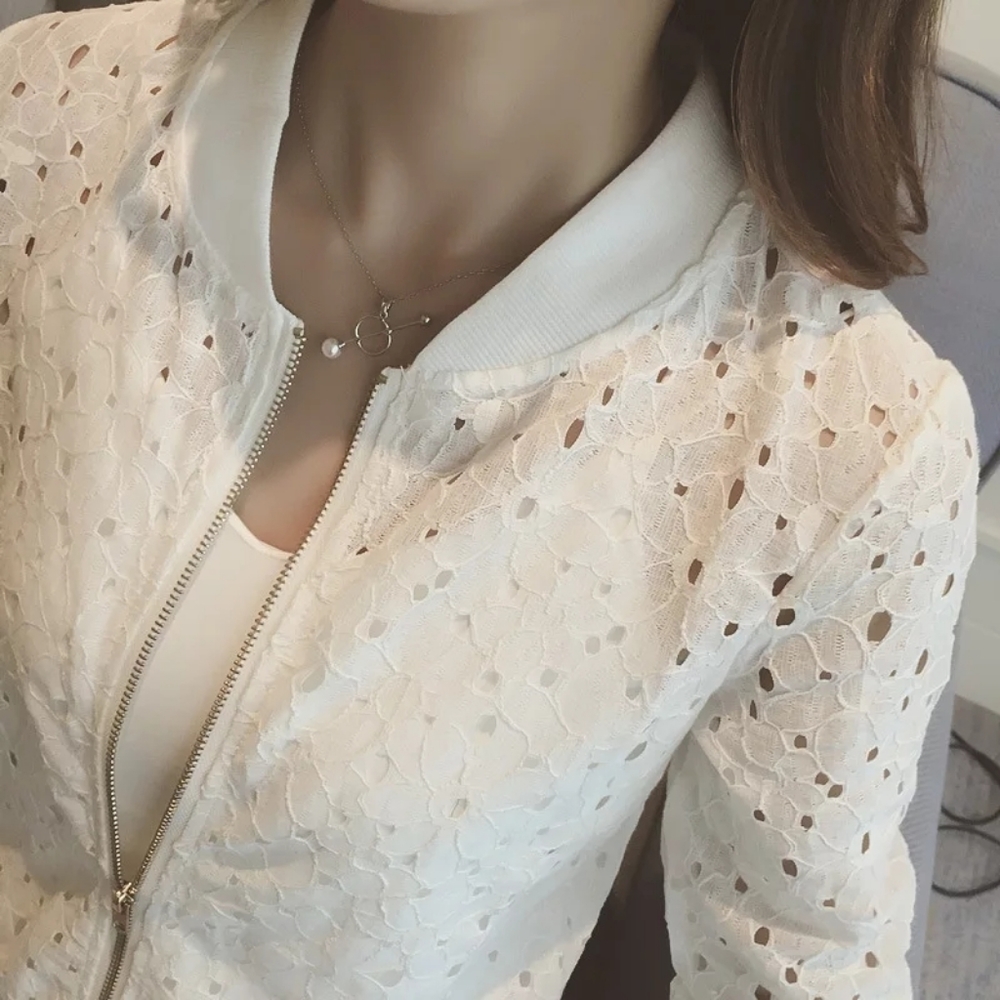 Women's fashion lace fabric white coat jacket